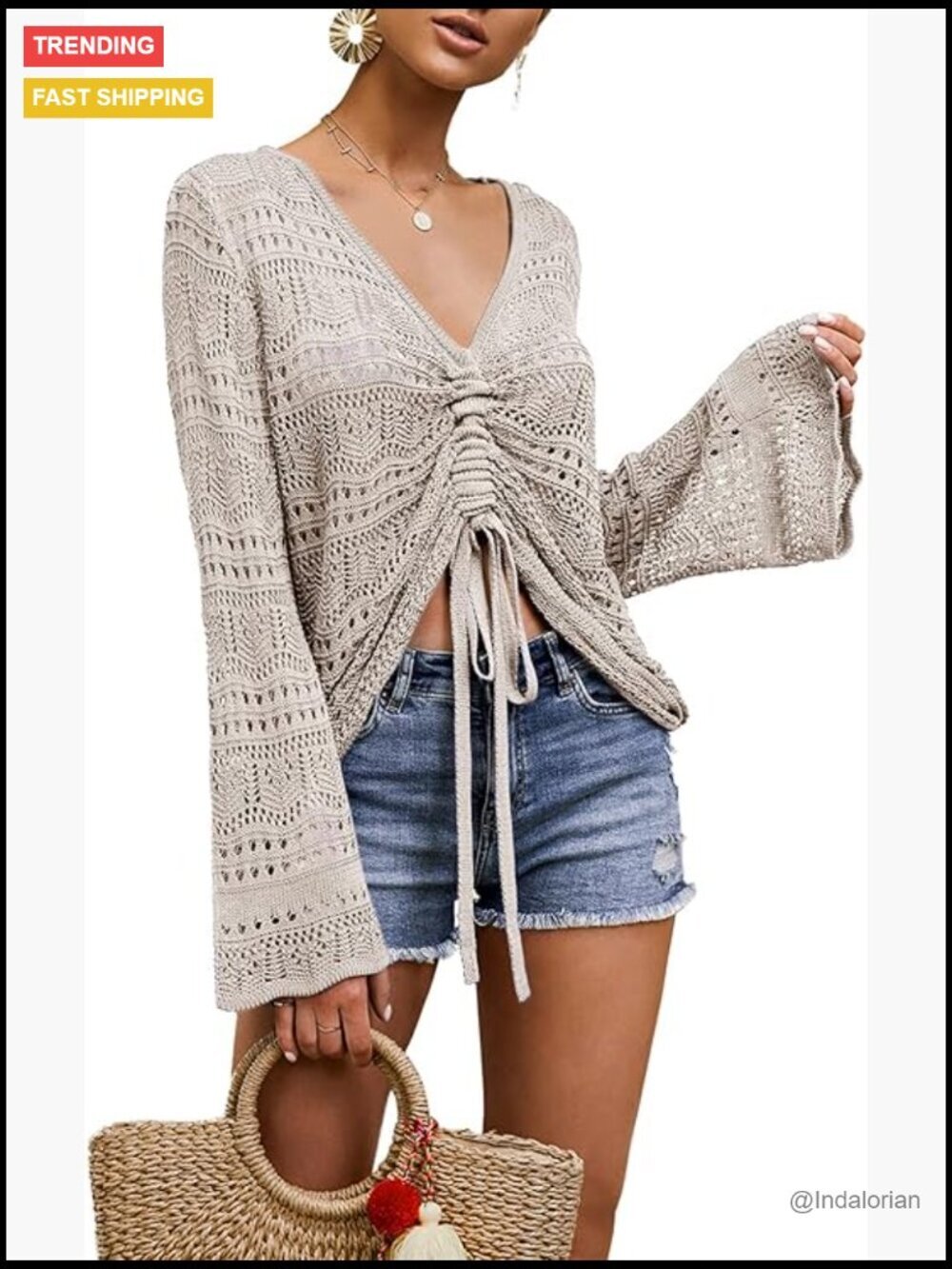 Boho Off Shoulder Sheer Crop Top Bell Sleeve Flowy Oversized Crochet Pullover